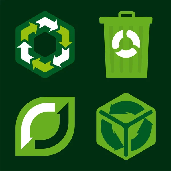 Τέσσερις πινακίδες ανακύκλωσης σε απλούς πράσινους τόνους. — Διανυσματικό Αρχείο