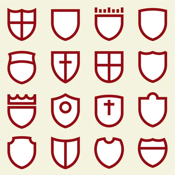 Set of sixteen simple shields icons in red and white. — Stock Vector