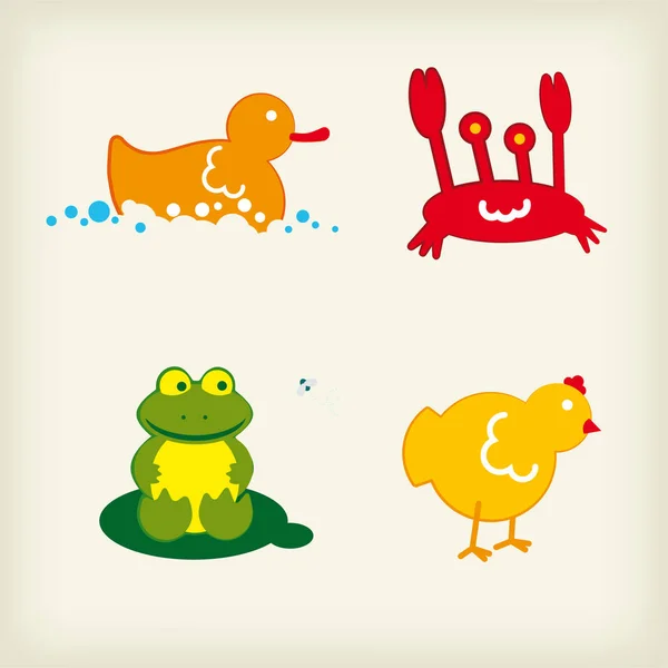 一套四个动物插图。鸭， 垃圾， 青蛙， 鸡. — 图库矢量图片