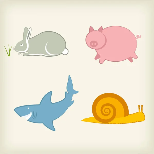 一套四个动物插图。兔子， 猪， 鲨鱼， 蜗牛. — 图库矢量图片