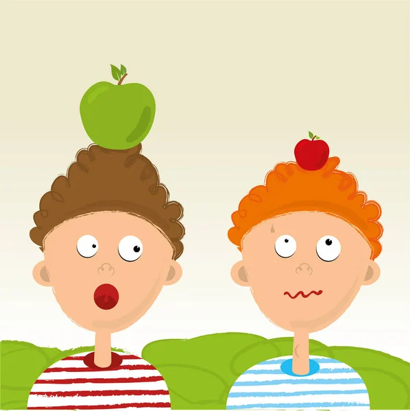 Two kids with apples on their heads. William Tell tale. — Stock Vector