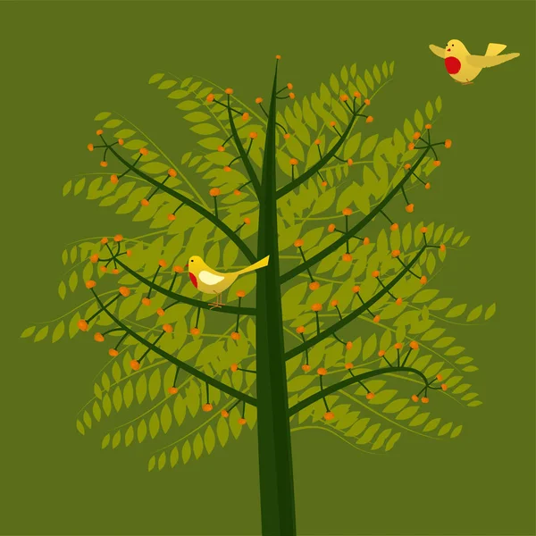 Dos pájaros en un árbol de verano. Fondo verde . — Vector de stock