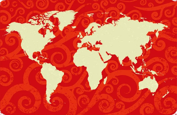 Antieke wereld kaart over wervelingen achtergrond. Rood en beige. — Stockvector