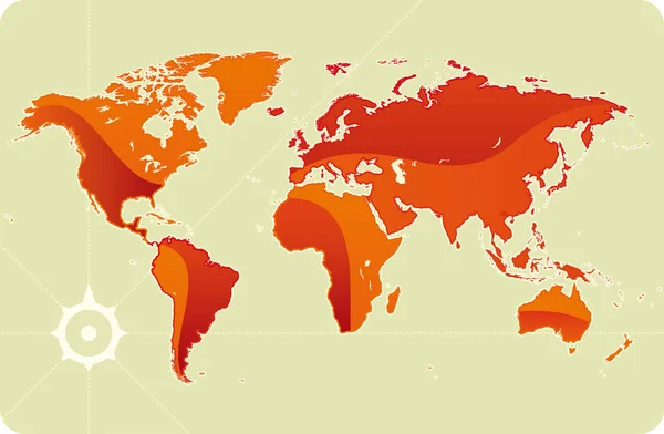 Карта мира в красных тонах с розой ветра . — стоковый вектор