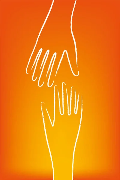 Turuncu arka plan üzerinde iki yardım eli. Çizgi çizimi.