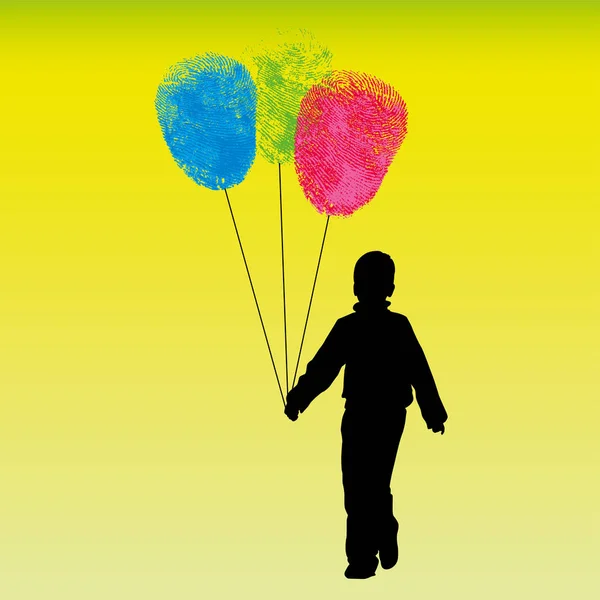 Metáfora da identidade. Uma criança com impressões digitais como balões . —  Vetores de Stock