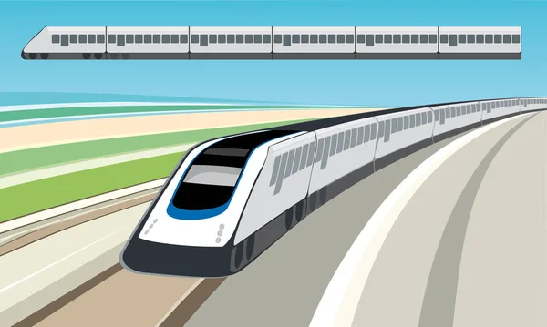 Flach- und 3D-Zug auf Schienen mit Geschwindigkeitshintergrund. — Stockvektor