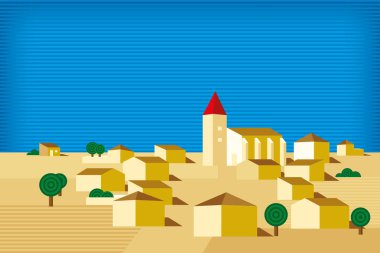 Küçük bir köy. Binalar ve ufuk ile geometrik peyzaj.