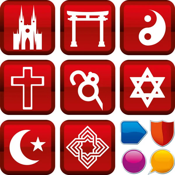 Conjunto de ícones de religião em botões quadrados. Estilo geométrico . — Vetor de Stock