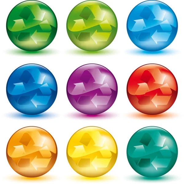 Reciclar símbolo en el interior de nueve esferas de color . — Vector de stock