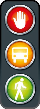 Trafik ışığı simgesi. Kırmızının üzerine elini durdur. Turuncu renkteki araç. Yeşil üzerinde yaya.