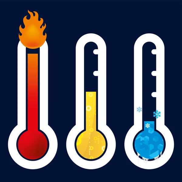 Icono del termómetro en tres circunstancias. Caliente, caliente, frío . — Archivo Imágenes Vectoriales