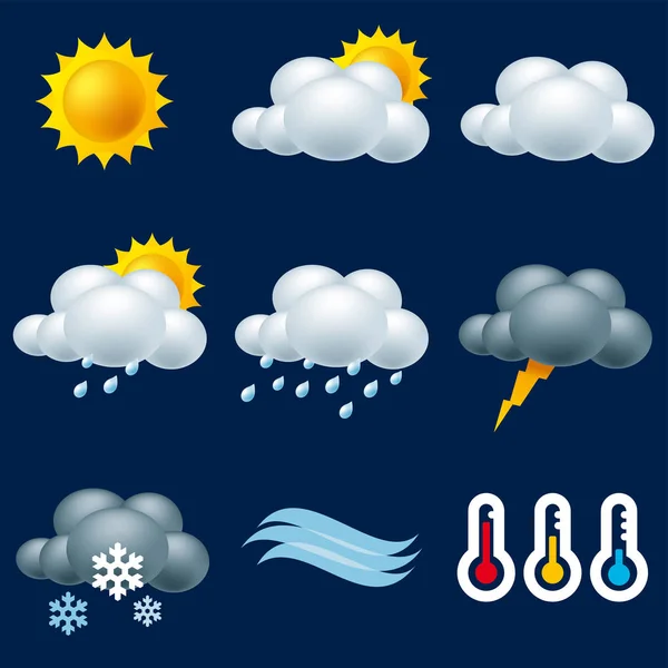 Väder 3D ikoner av sol, moln och temperatur. — Stock vektor