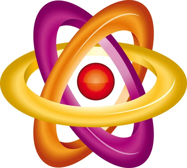 Atom symbol in 3D shiny style. Warm colors. — Stock Vector