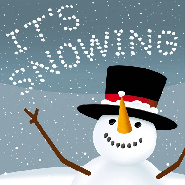 Šťastný sněhulák, protože sněží, se sněhovou koulí text. — Stockový vektor