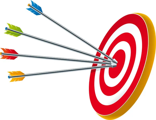 Başarı metaforu. Bullseye üzerinde doğru parlak oklar.