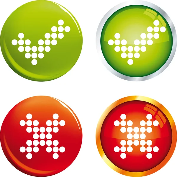 Marque y cruce iconos de puntos en los botones verde y rojo . — Vector de stock