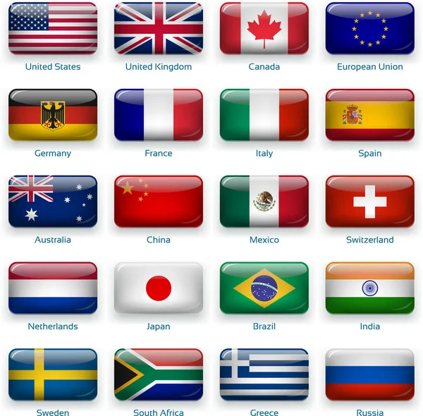 Düğme stilinde yirmi bayrak ayarlayın. Popüler ülkeler. — Stok Vektör