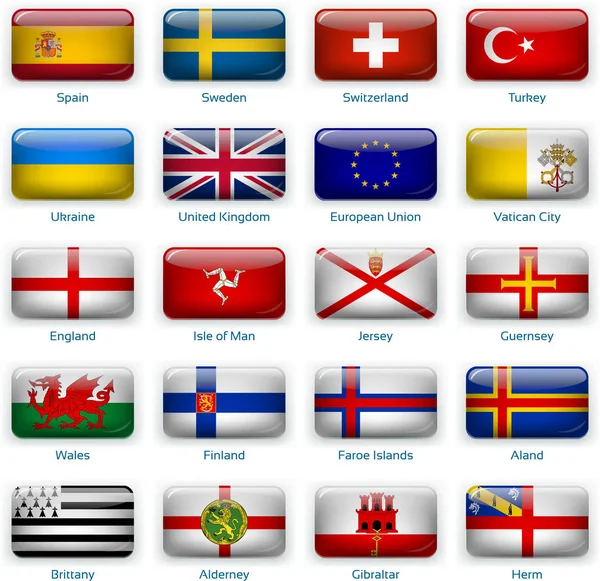 Zwanzig Flaggen im Knopfdruck-Stil. Europa drei von drei. — Stockvektor