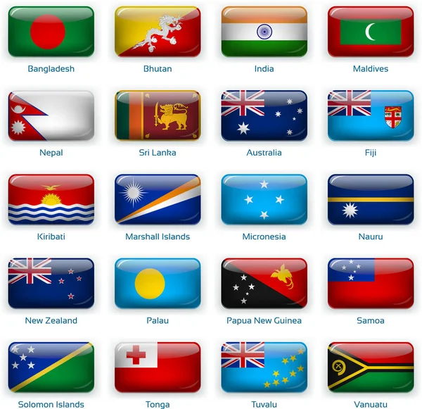 Набор из двадцати флагов в стиле кнопки. Южная Азия и Океания . — стоковый вектор