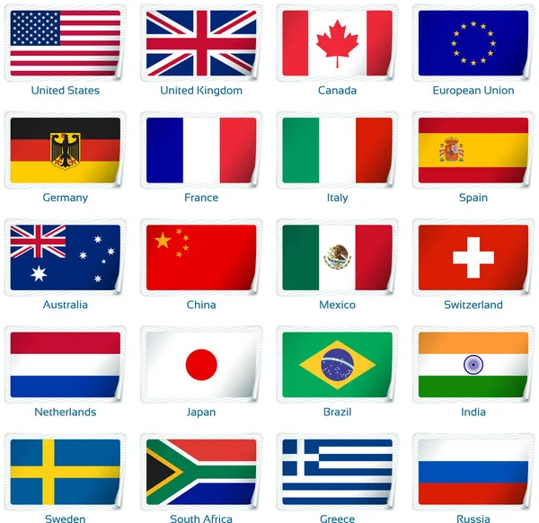 贴纸样式的二十面旗帜。热门国家/地区. — 图库矢量图片