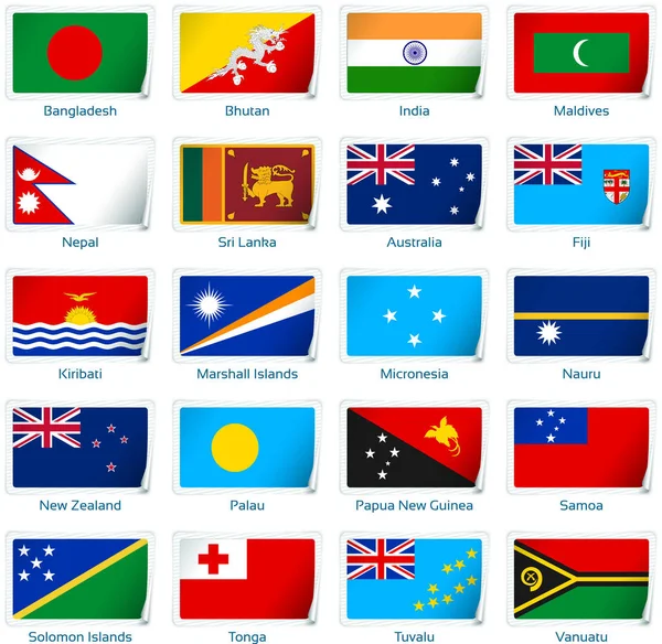 Satz von zwanzig Flaggen im Sticker-Stil. Südasien und Ozeanien — Stockvektor