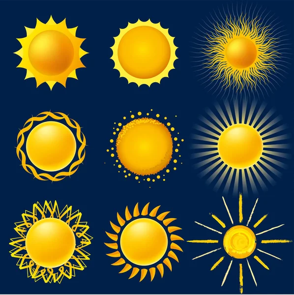 Nueve iconos del sol aislados en estilo brillante . — Archivo Imágenes Vectoriales