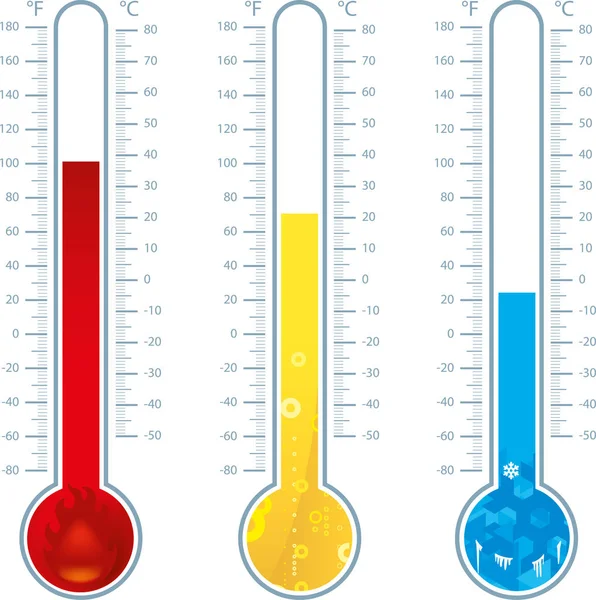 Tres termómetros iconos. Caliente, caliente y helado . — Archivo Imágenes Vectoriales
