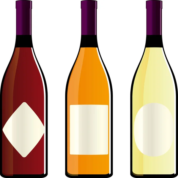 Tre bottiglie di vino individuali con etichette bianche . — Vettoriale Stock
