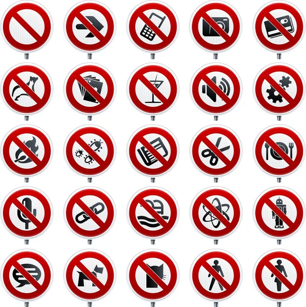 Veinte símbolos prohibidos en estilo brillante sobre los signos de prohibición . — Vector de stock