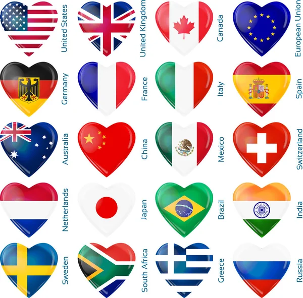 Set de veinte banderas en forma de corazón. Países populares . — Vector de stock