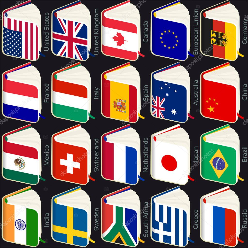 Set of twenty flags in shape of open book. Popular countries.