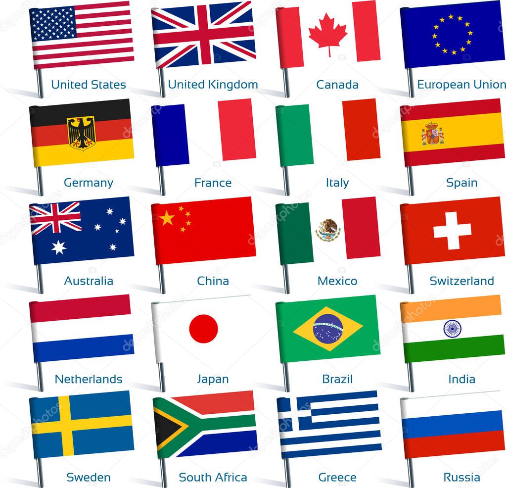 Set of twenty flags in shape of pins. Popular countries.