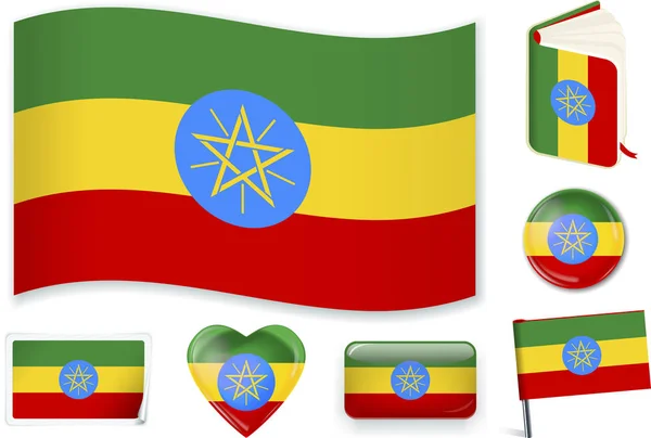 Bandera etíope en siete formas. Editable con capas separadas . — Vector de stock