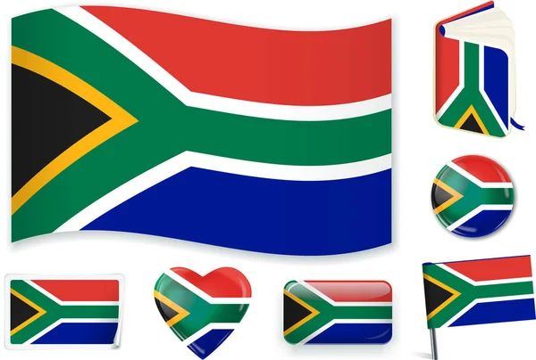 Bandera de Sudáfrica en siete formas. Capas editables y separadas . — Vector de stock