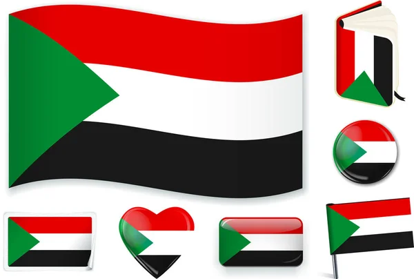 Bandera sudanesa en siete formas. Capas editables y separadas . — Vector de stock