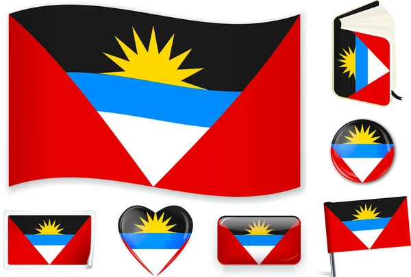 Antigua y Barbuda onda de la bandera, libro, círculo, pin, botón, corazón y pegatina . — Vector de stock