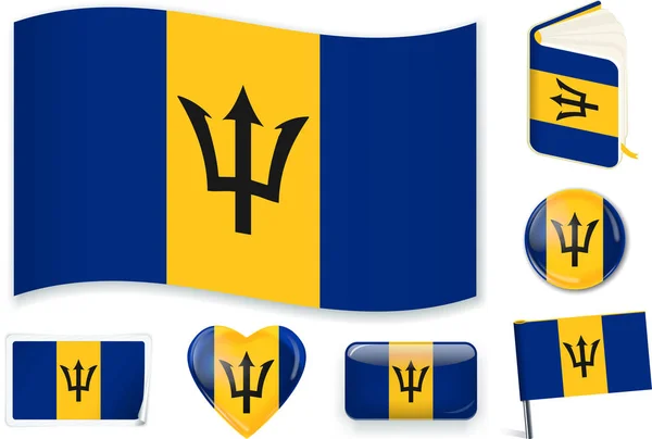 Bandera de Barbados onda, libro, círculo, pin, botón, corazón y etiqueta engomada . — Archivo Imágenes Vectoriales