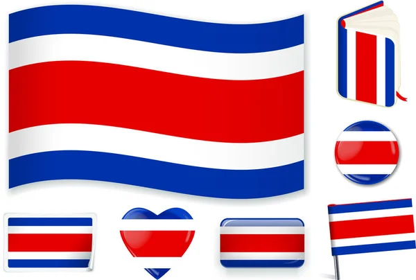 Costa Rica bandera ola, libro, círculo, pin, botón, corazón y etiqueta engomada . — Vector de stock