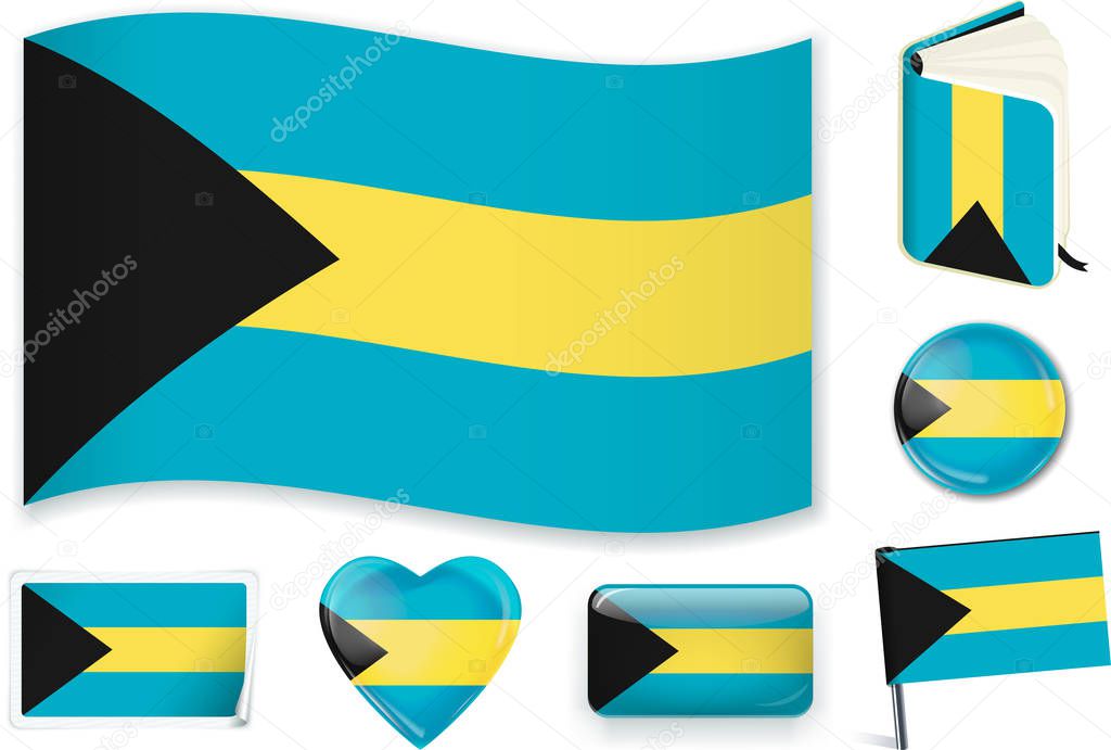 Bahamas flag wave, book, circle, pin, button, heart and sticker.