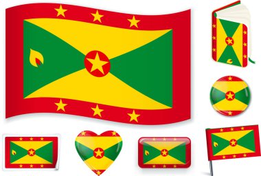 Grenada bayrağı dalga, kitap, daire, pin, düğme, kalp ve Sticker.