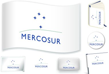 Mercosur flag wave, book, circle, pin, button, heart and sticker. clipart