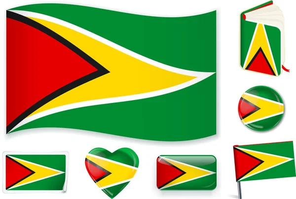 Guyana bandera onda, libro, círculo, pin, botón, corazón y etiqueta engomada . — Vector de stock