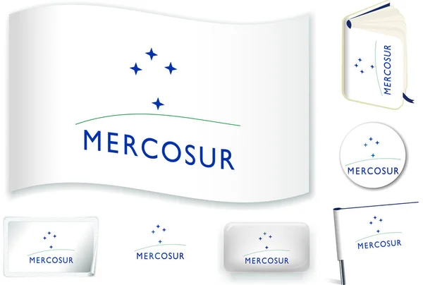 Mercosur bayrağı dalga, kitap, daire, pin, düğme, kalp ve Sticker.