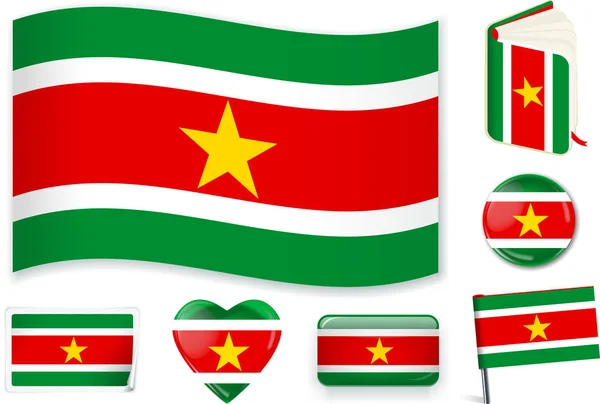 Ola de bandera de Surinam, libro, círculo, pin, botón, corazón y pegatina . — Vector de stock