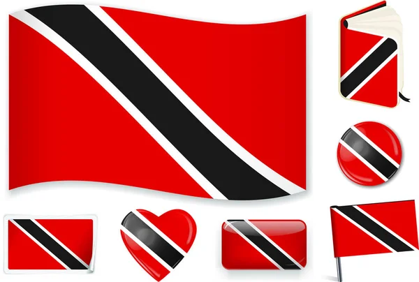 Bandera de Trinidad y Tobago onda, libro, círculo, pin, botón, corazón y pegatina . — Vector de stock