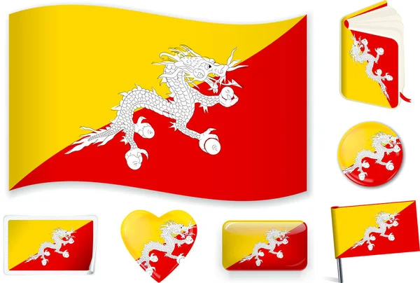Bandeira do Butão onda, livro, círculo, pino, botão, coração e adesivo . — Vetor de Stock