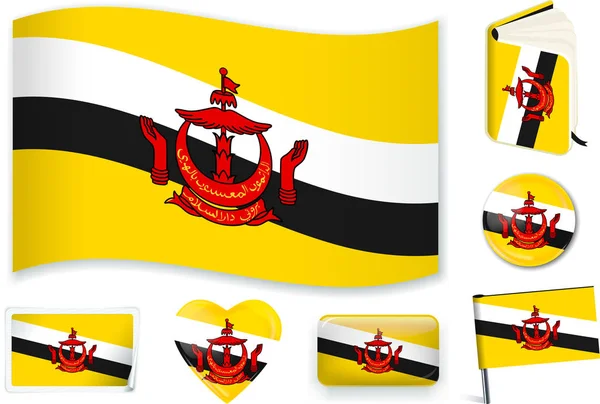 Brunei vlag Wave, boek, cirkel, PIN, knop, hart en sticker. — Stockvector