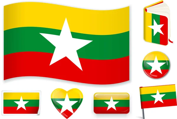 Onda de bandera de Birmania, libro, círculo, pin, botón, corazón y pegatina . — Vector de stock