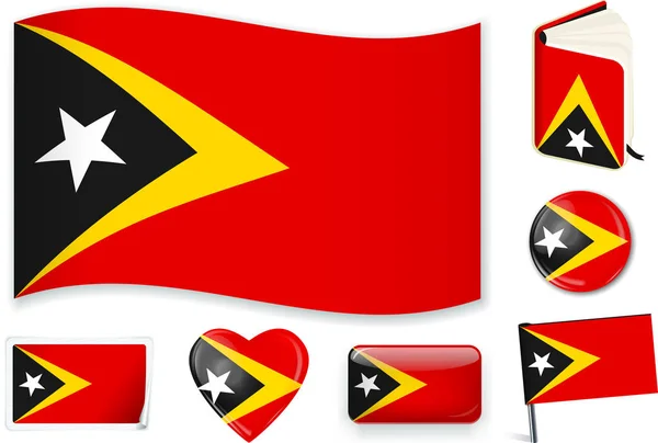 Timor Oriental onda de la bandera, libro, círculo, pin, botón, corazón y pegatina . — Vector de stock